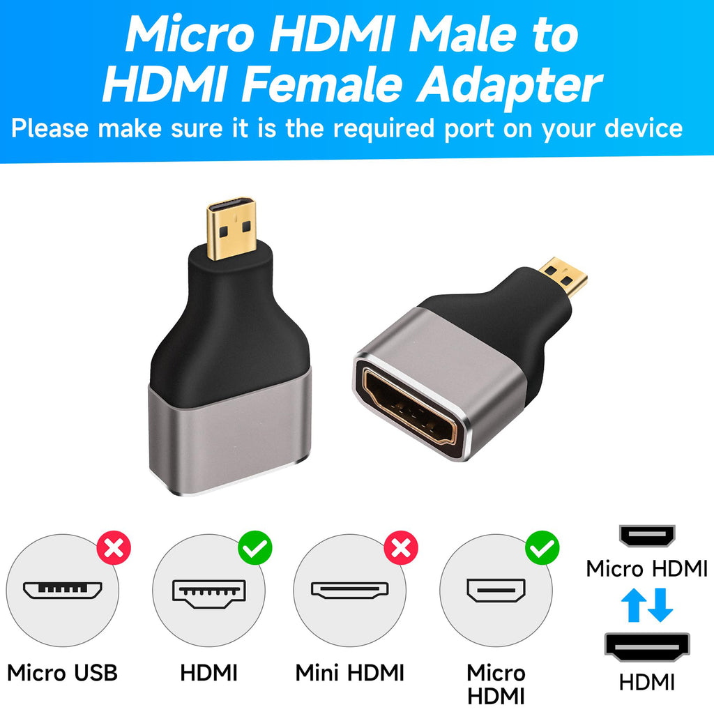 8K Micro HDMI to HDMI Adapter 4K 120Hz HDMI 2.1 Type D Male to Female Bidirectional Converter for GoPro Hero Sony A6000 Raspberry Pi 4 Camera Monitor