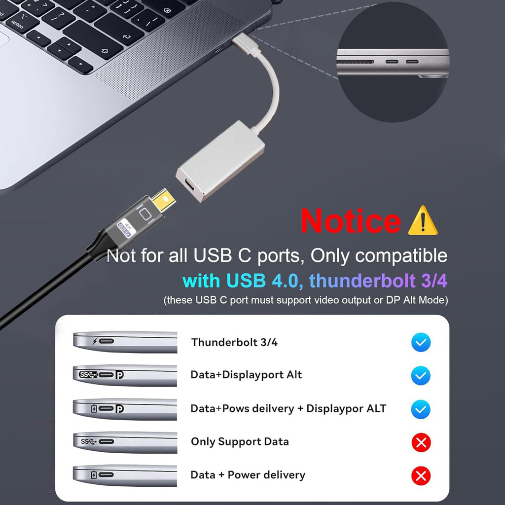 USB C to Mini DisplayPort Female Adapter 4K 60Hz Type C Thunderbolt 3 to Mini DP Converter for MacBook Pro Air iMac iPad Pro Dell XPS