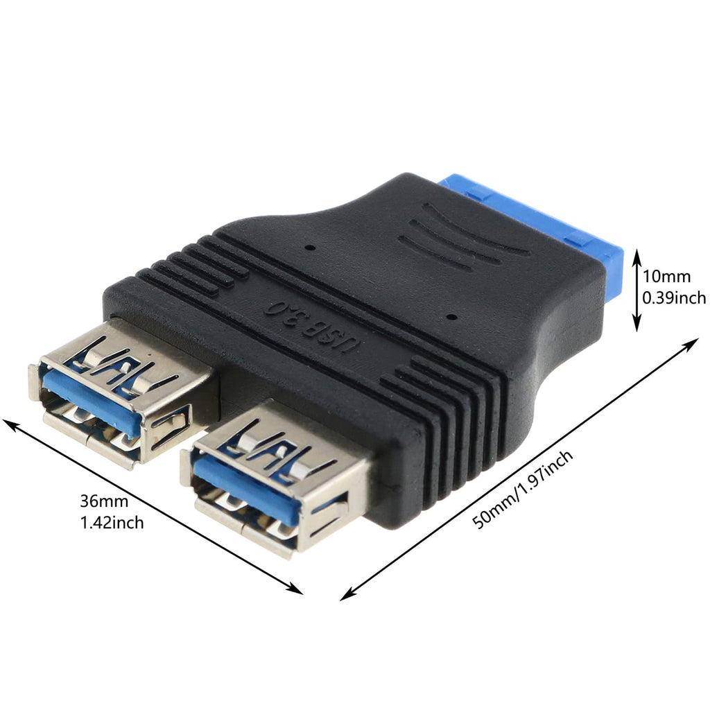 USB 3.0 20 Pin Header Female to Dual USB A Female Motherboard Adapter Internal Splitter Converter for PC Front Panel Black Blue