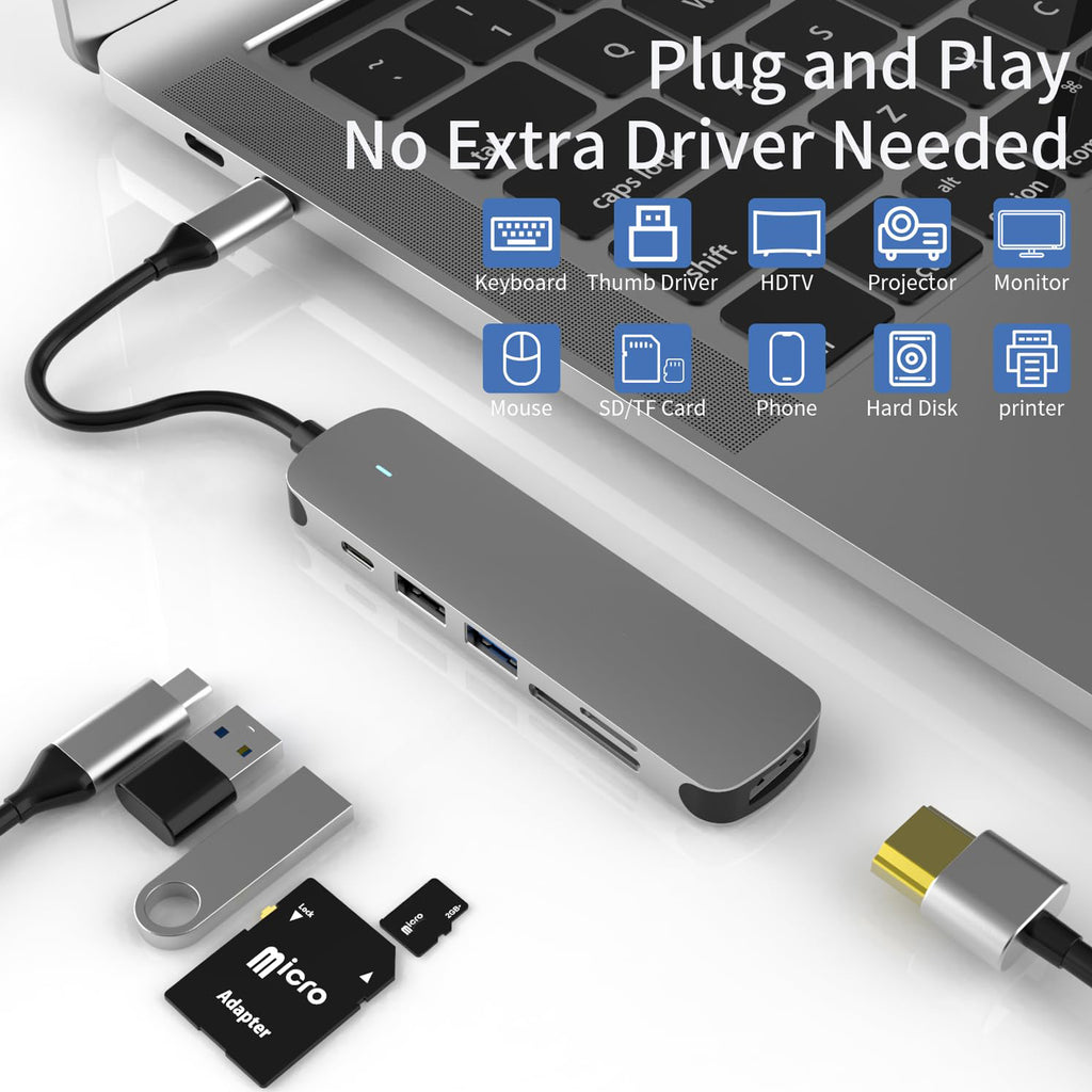 6-in-1 USB C Hub Multiport Adapter with 4K HDMI 100W PD USB 3.0 SD TF Card Reader Dongle for MacBook Pro Air iPad Pro Dell XPS HP Surface ThinkPad PC