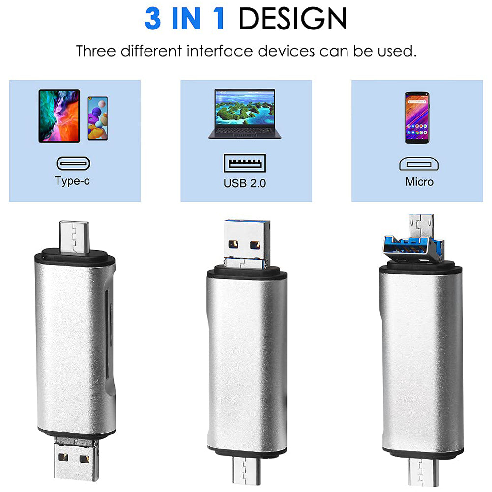 3 in 1 SD Micro SD Card Reader USB C Micro USB Type A Memory Card Adapter Dual Slot Flash Drive for PC Laptop MacBook Android Phone Tablet Camera