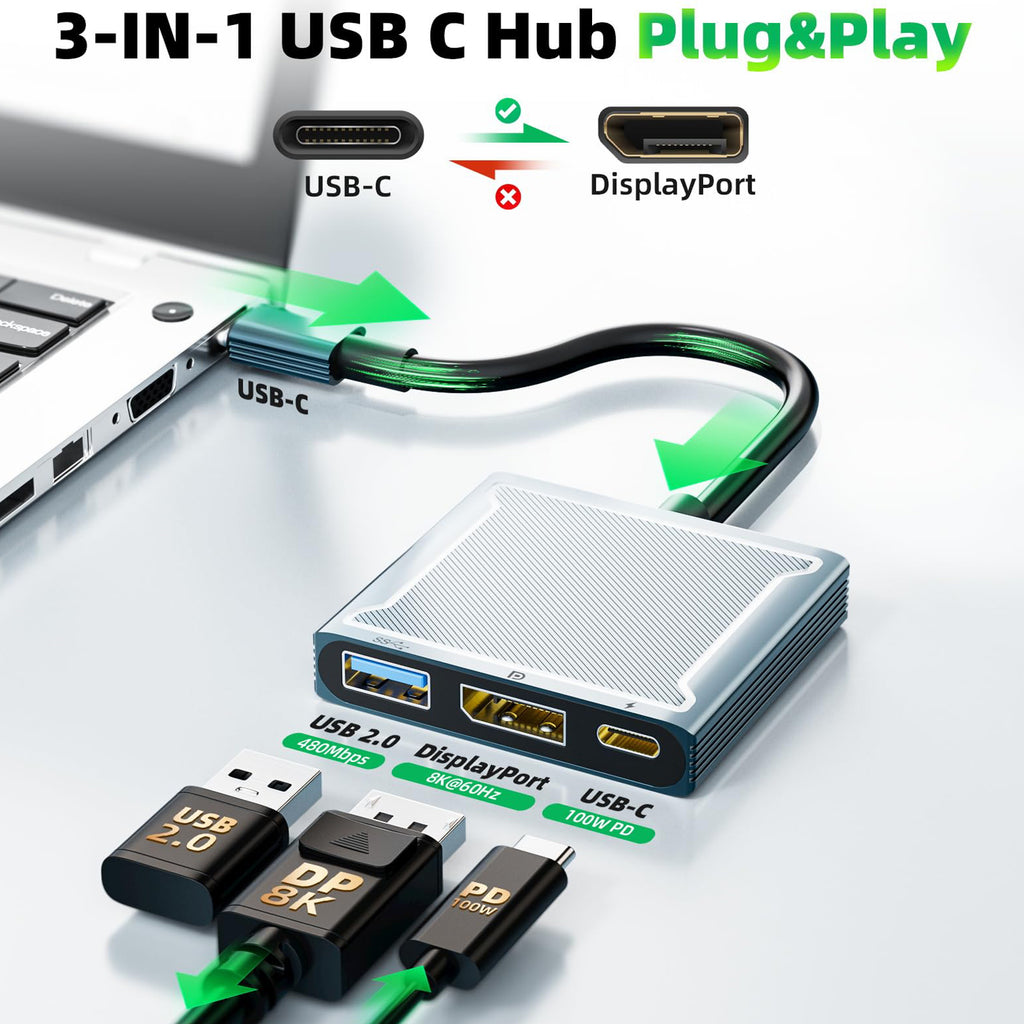 USB C to DisplayPort Adapter 8K 60Hz 4K 144Hz 3 in 1 Type C to DP Hub 100W PD Charging USB 2.0 Video Converter for MacBook Pro iPad Pro Laptop Monitor
