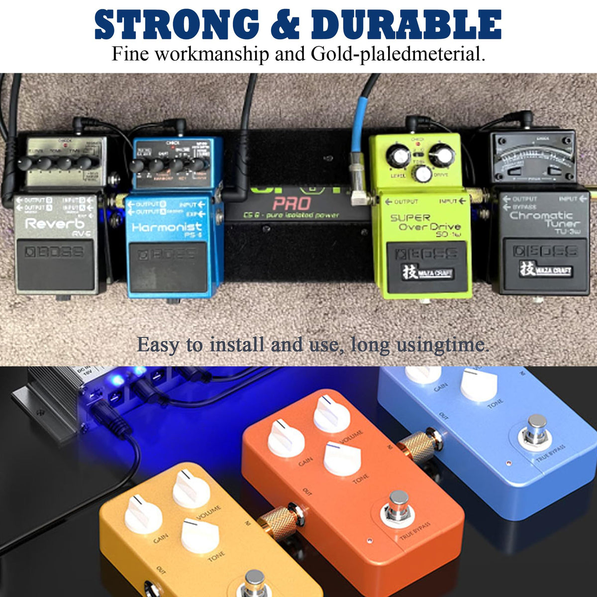 Straight 1/4 Inch Guitar Pedal Coupler 6.35mm TS Male to Male Audio Connector for Effects Pedalboard Gold Plated