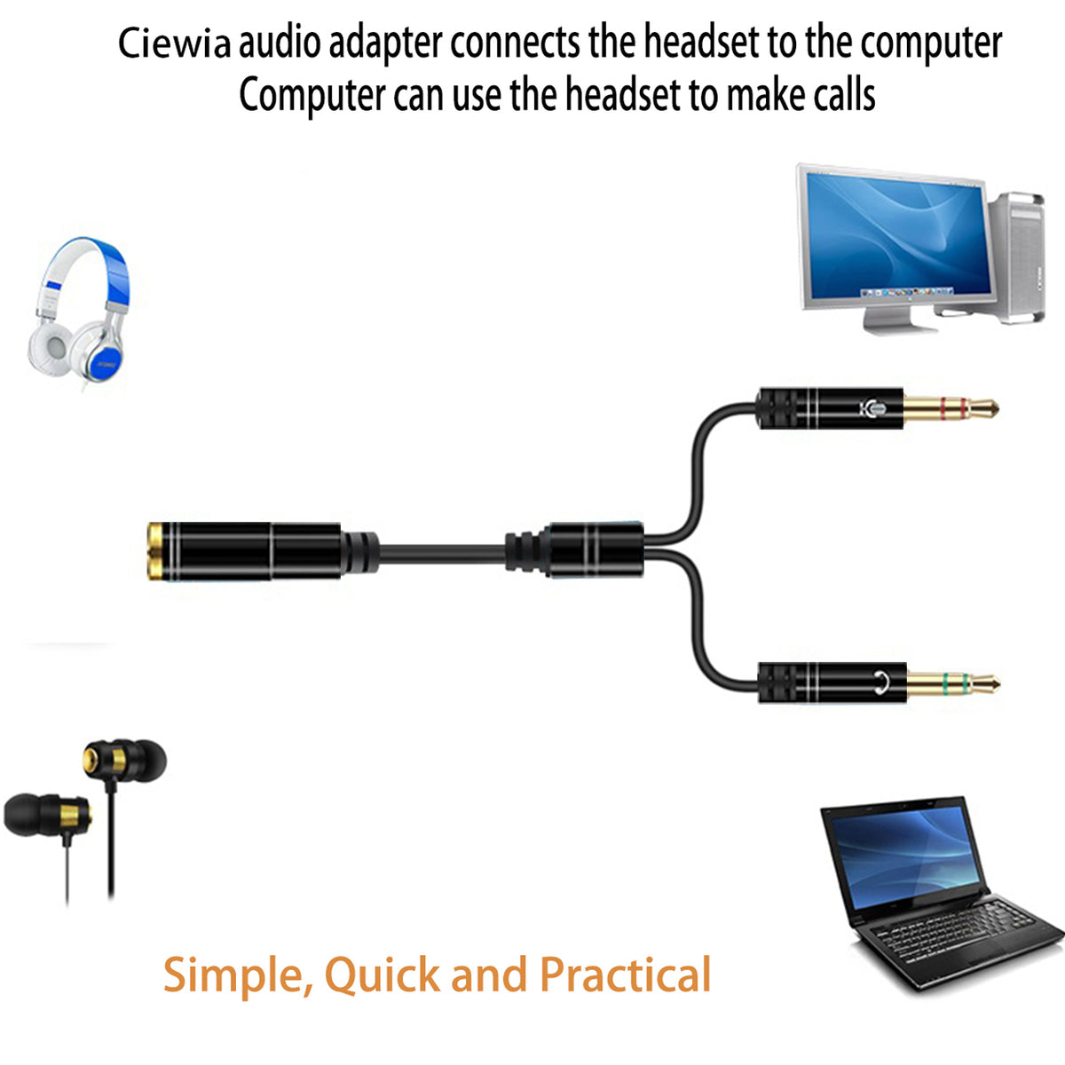 Headphone Mic Splitter Cable for PC 3.5mm Female to 2 Dual Male Audio Y Adapter TRRS to TRS Headset Microphone Separator Aux Cord for Gaming Laptop Desktop