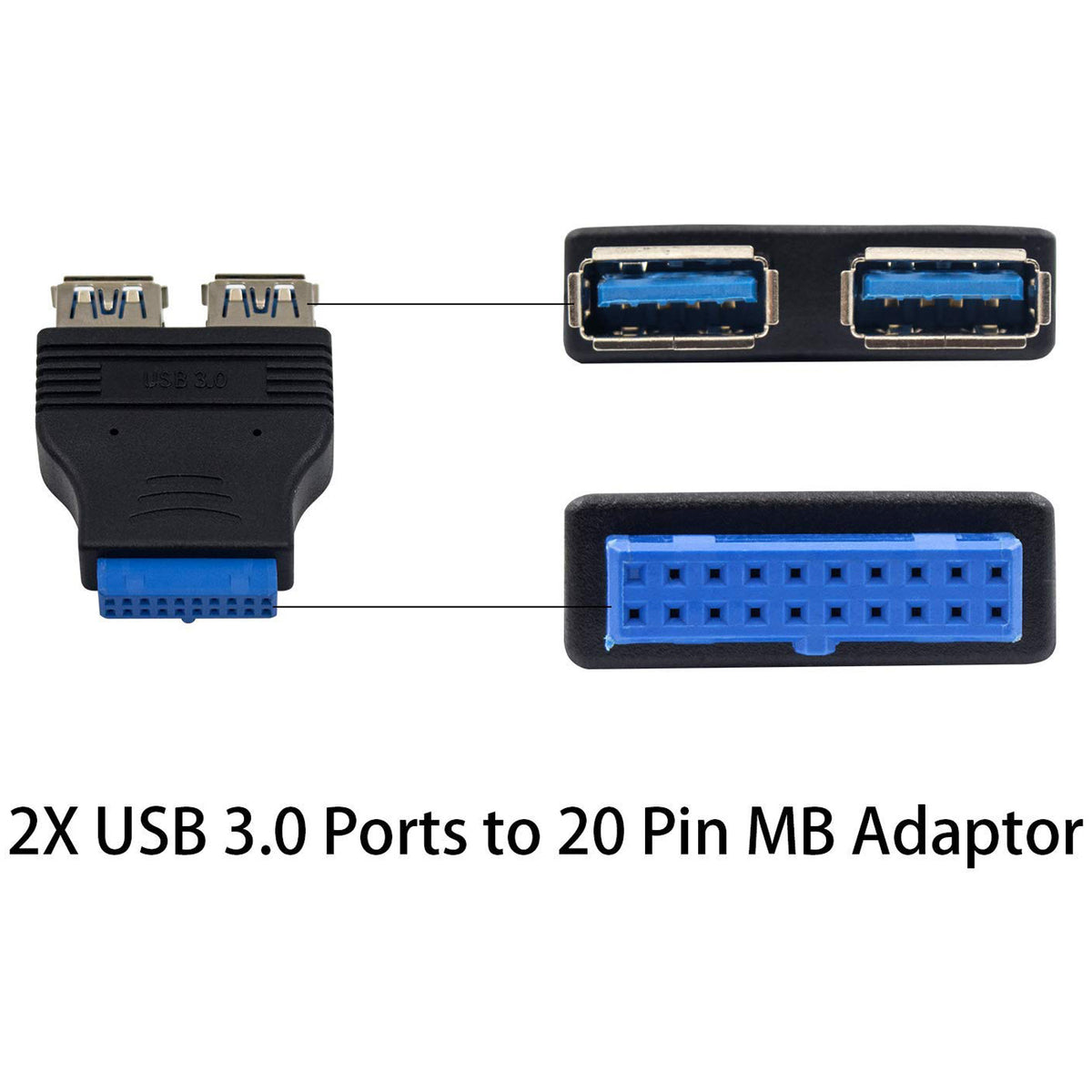 USB 3.0 20 Pin Header Female to Dual USB A Female Motherboard Adapter Internal Splitter Converter for PC Front Panel Black Blue