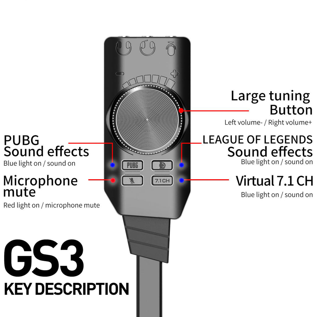 GS3 USB External Gaming Sound Card Virtual 7.1 Surround Sound 3.5mm Audio Adapter Volume Control Mic Mute EQ for PC Laptop Desktop PS4 PS5 Mac