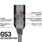 GS3 USB External Gaming Sound Card Virtual 7.1 Surround Sound 3.5mm Audio Adapter Volume Control Mic Mute EQ for PC Laptop Desktop PS4 PS5 Mac