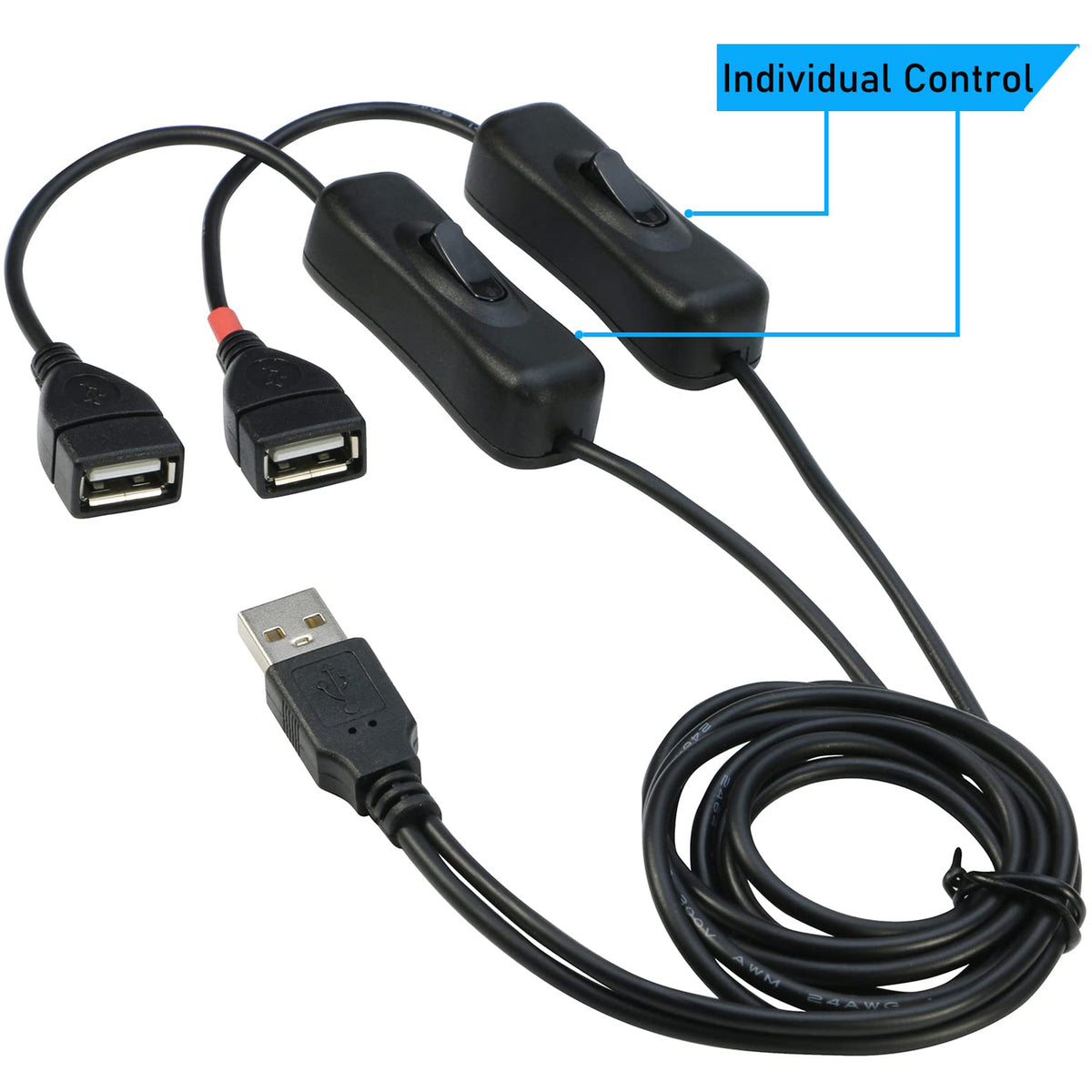 USB Splitter Cable with Dual On Off Switches USB A Male to 2 USB Female Y Cord 1 Data Sync Power and 1 Charge Only Port Extender for Desk Lamp Fan PC