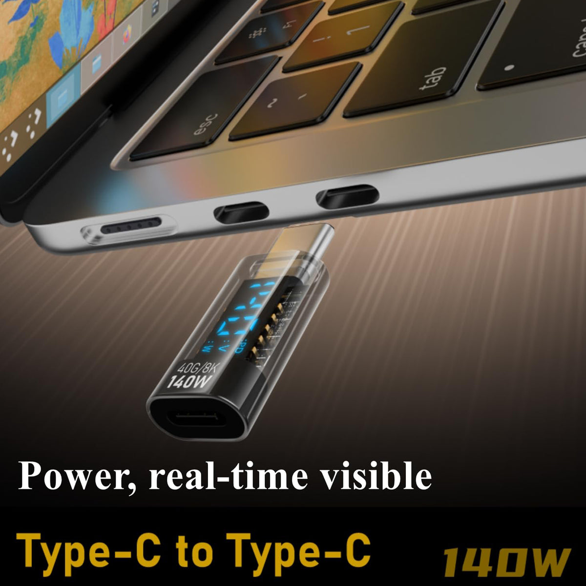 USB C Adapter LED Display 140W PD QC4 Fast Charging USB4 40Gbps 8K Video Transparent USB C Male to Female Power Meter for MacBook iPhone iPad