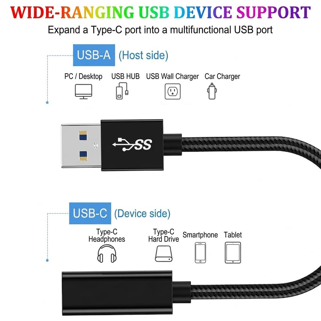 USB A Male to USB C Female Adapter Cable 10Gbps USB 3.2 OTG 3A Fast Charging 15cm Short Braided Cord for Laptop Phone SSD Hard Drive Car