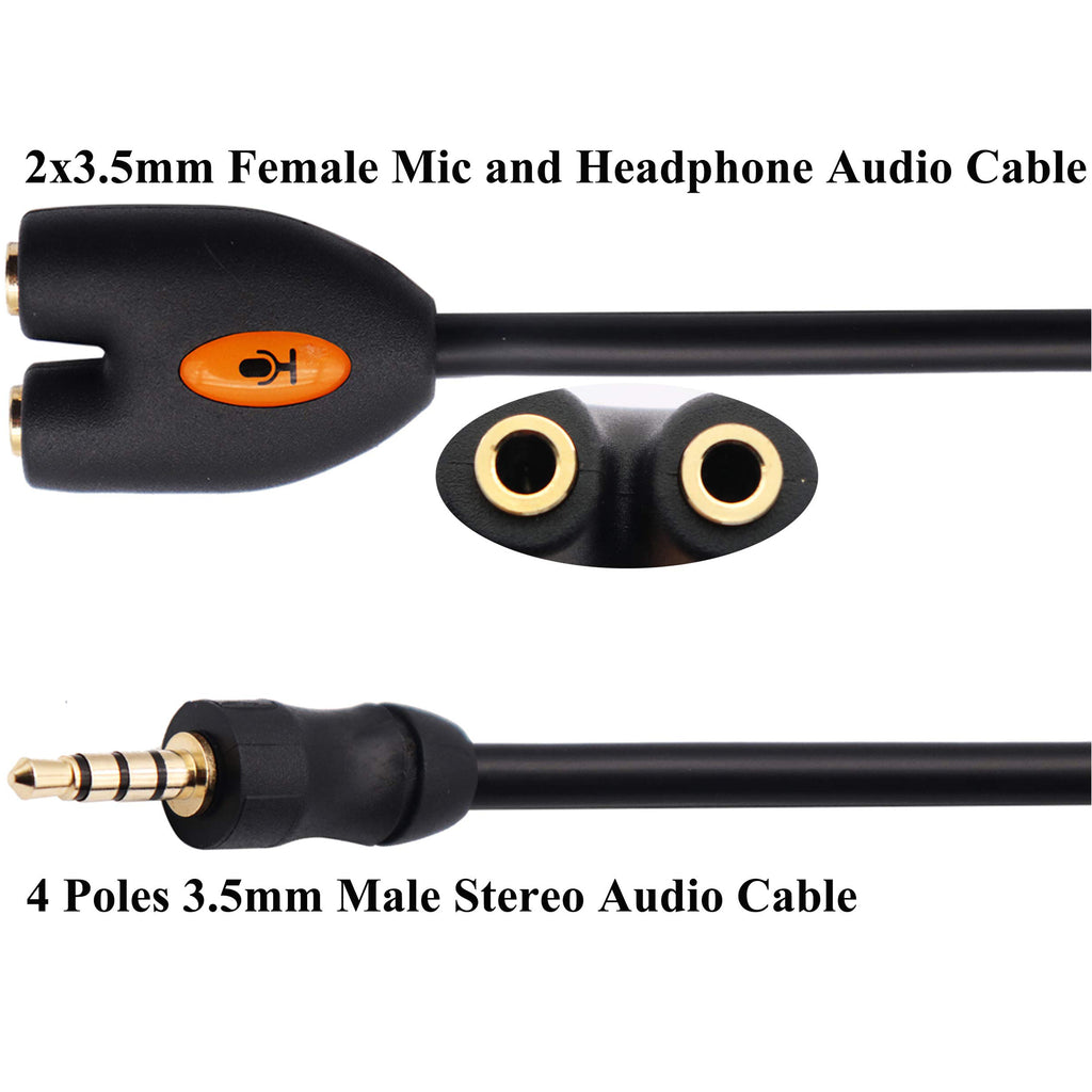 3.5mm TRRS Headphone Splitter Cable 4 Pole 1/8 Inch Male to 2 Female Aux Cord Dual Headset Mic Audio Y Adapter for Gaming Phone PC Laptop Controller