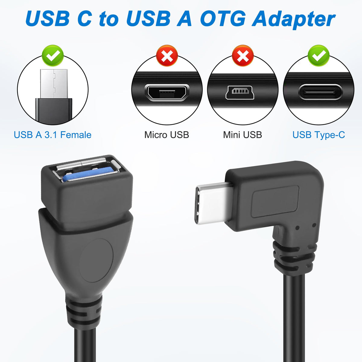 90 Degree USB C to USB 3.0 Adapter Cable Right Angle Type C Male to USB A Female OTG Cord 5Gbps 3A Fast Charging for Phone Tablet MacBook PC Laptop