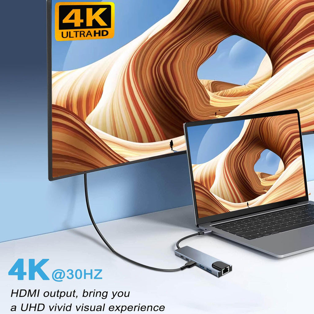 6 in 1 USB C Hub 4K HDMI 100Mbps Ethernet 100W PD Multiport Adapter Type C Dongle with USB 3.0 USB C Data for MacBook Pro Air iPad Pro Dell XPS Laptop