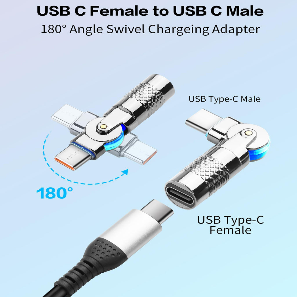 USB C Male to Female 180 Degree Rotating U Shape Adapter 60W PD 20V 3A USB 2.0 480Mbps Zinc Alloy LED Connector for Laptop Phone Tablet