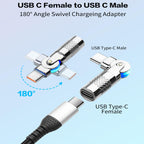 USB C Male to Female 180 Degree Rotating U Shape Adapter 60W PD 20V 3A USB 2.0 480Mbps Zinc Alloy LED Connector for Laptop Phone Tablet