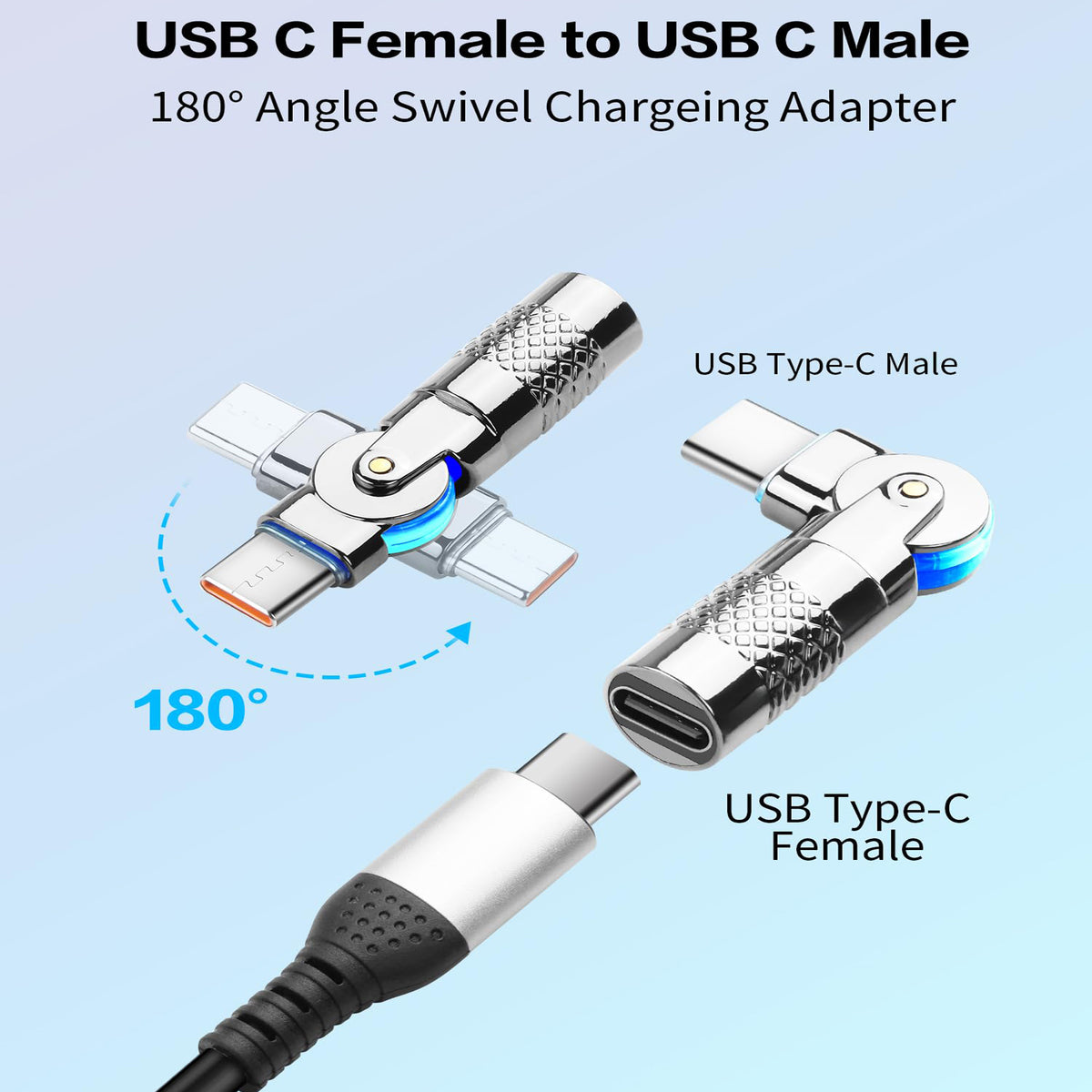 USB C Male to Female 180 Degree Rotating U Shape Adapter 60W PD 20V 3A USB 2.0 480Mbps Zinc Alloy LED Connector for Laptop Phone Tablet