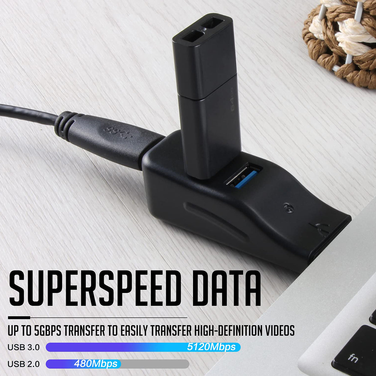 USB 3.0 Hub 4 Port Data Splitter Mini Direct Plug USB A Expander 5Gbps Adapter for Laptop Desktop PC Surface Pro XPS Flash Drive Keyboard and Mouse
