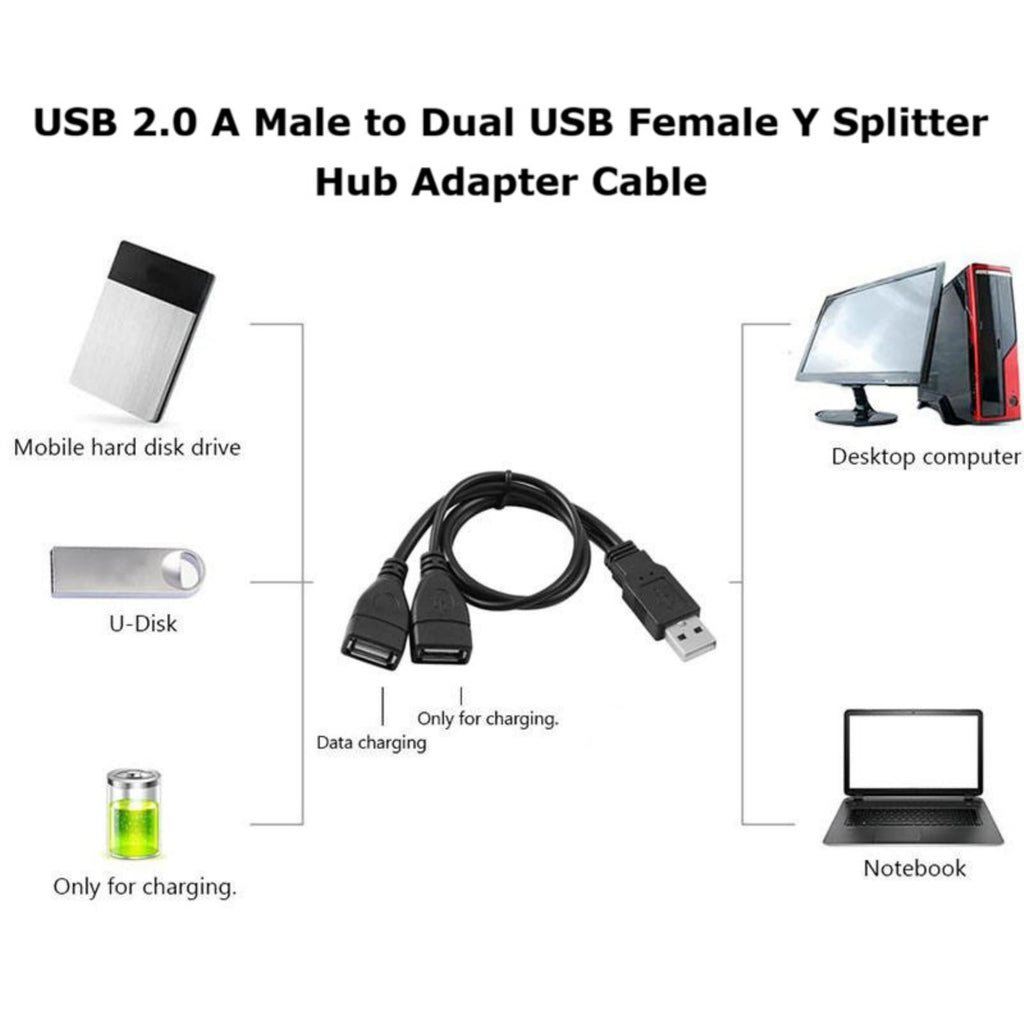 USB 2.0 A Male to 2 Female Y Splitter Cable Dual Charging One Data Port 15cm 30cm