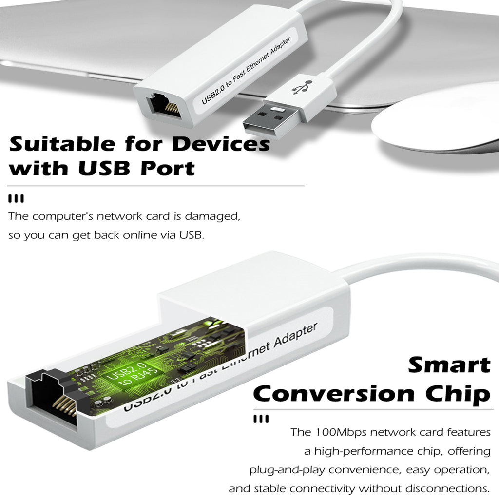 USB to Ethernet Adapter 100Mbps USB A to RJ45 Fast Ethernet LAN Network Converter Cable for PC Laptop Desktop TV Box Windows 11 10 8 7 macOS Linux