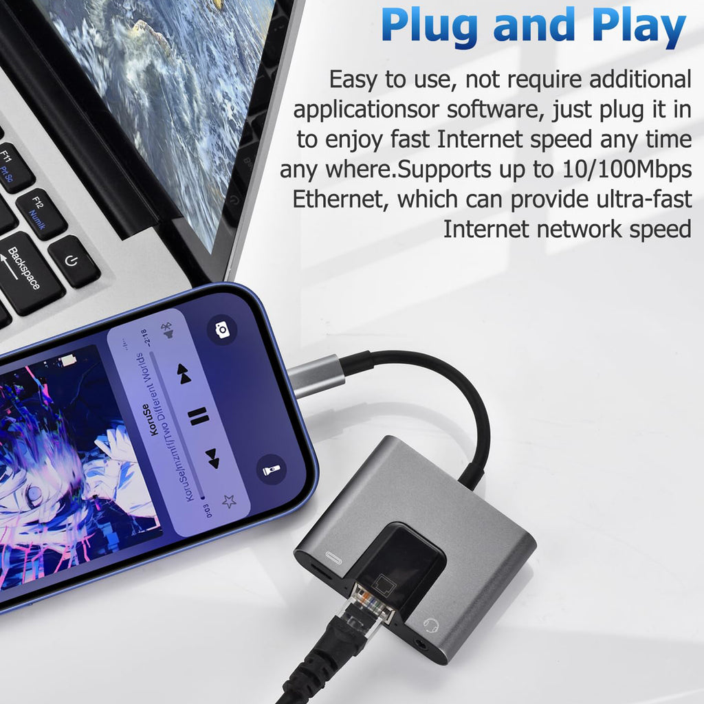 USB C to RJ45 Ethernet Adapter 10/100Mbps with 3.5mm Audio Jack and USB C Charging for iPhone 15 16 iPad Pro Galaxy