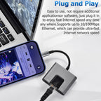 USB C to RJ45 Ethernet Adapter 10/100Mbps with 3.5mm Audio Jack and USB C Charging for iPhone 15 16 iPad Pro Galaxy