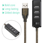 Active USB 2.0 Extension Cable with 4 Port USB Hub Power Switch Long USB Repeater Cord with DC 5V Jack for PC Laptop Printer Webcam Mouse Flash Drive