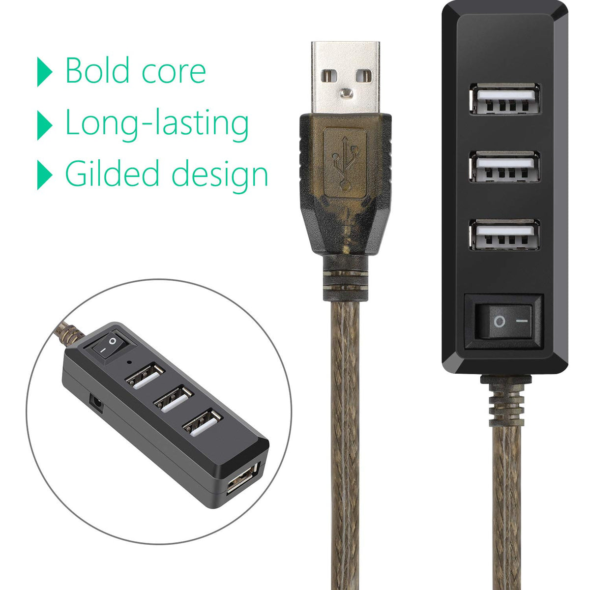 Active USB 2.0 Extension Cable with 4 Port USB Hub Power Switch Long USB Repeater Cord with DC 5V Jack for PC Laptop Printer Webcam Mouse Flash Drive