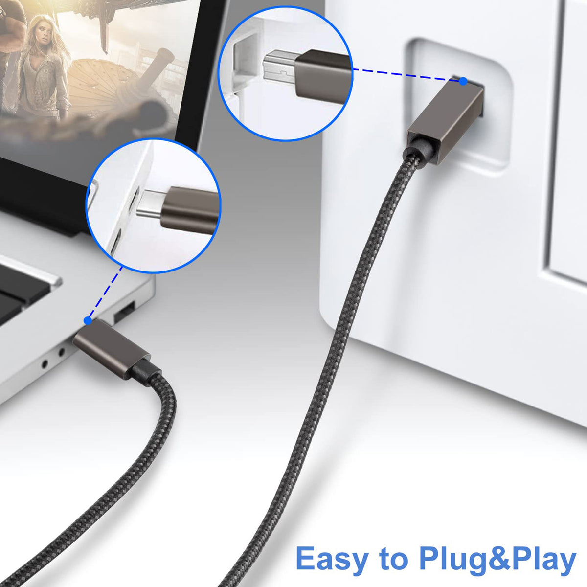 USB C to USB B Printer Cable Nylon Braided USB-C to USB-B 2.0 MIDI Scanner Cord for MacBook Pro PC Laptop HP Canon Epson Brother Yamaha Casio