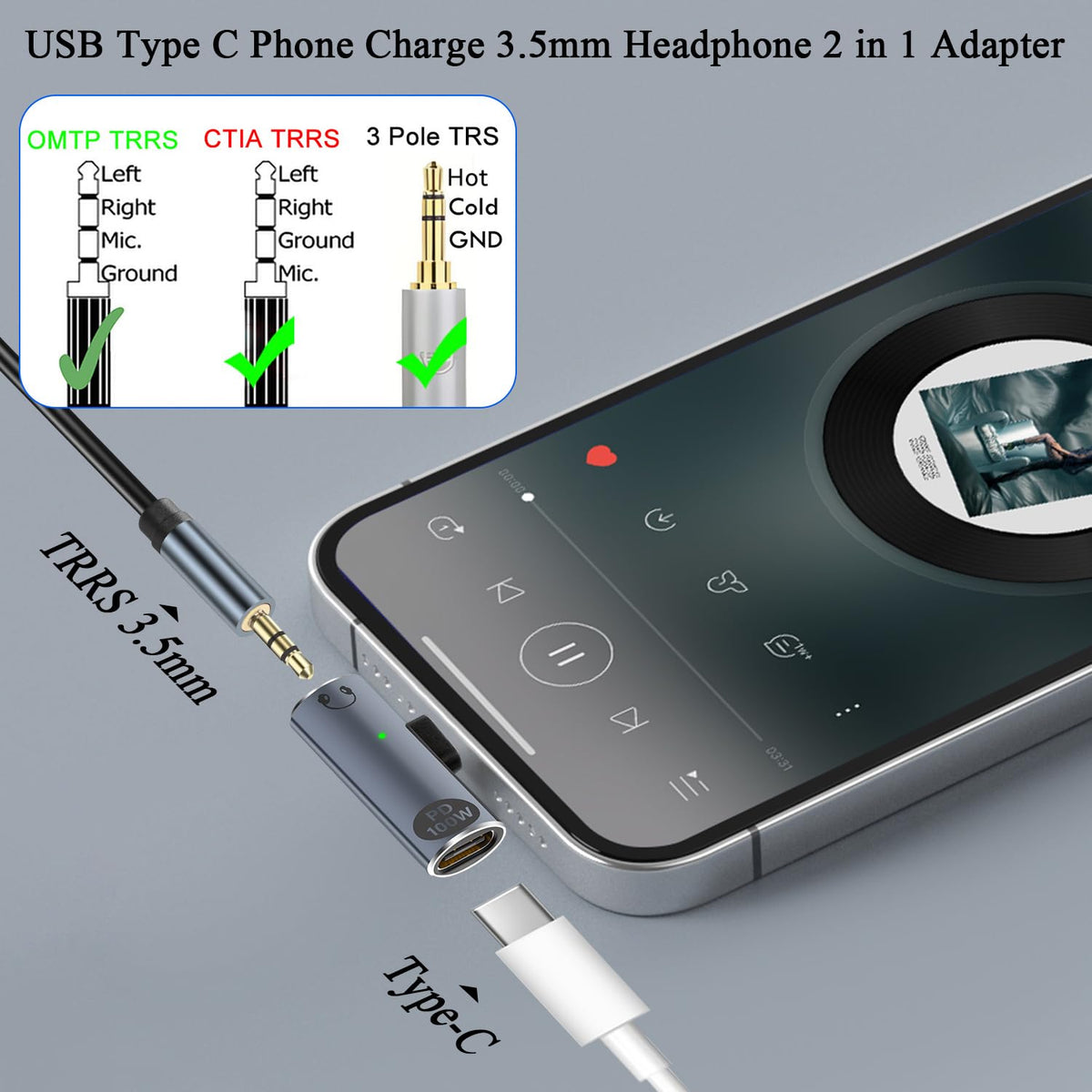 USB C to 3.5mm Headphone Adapter with 100W PD Charging DAC Audio TRRS Mic USB C Charger Port for iPhone 16 15 Galaxy Pixel iPad