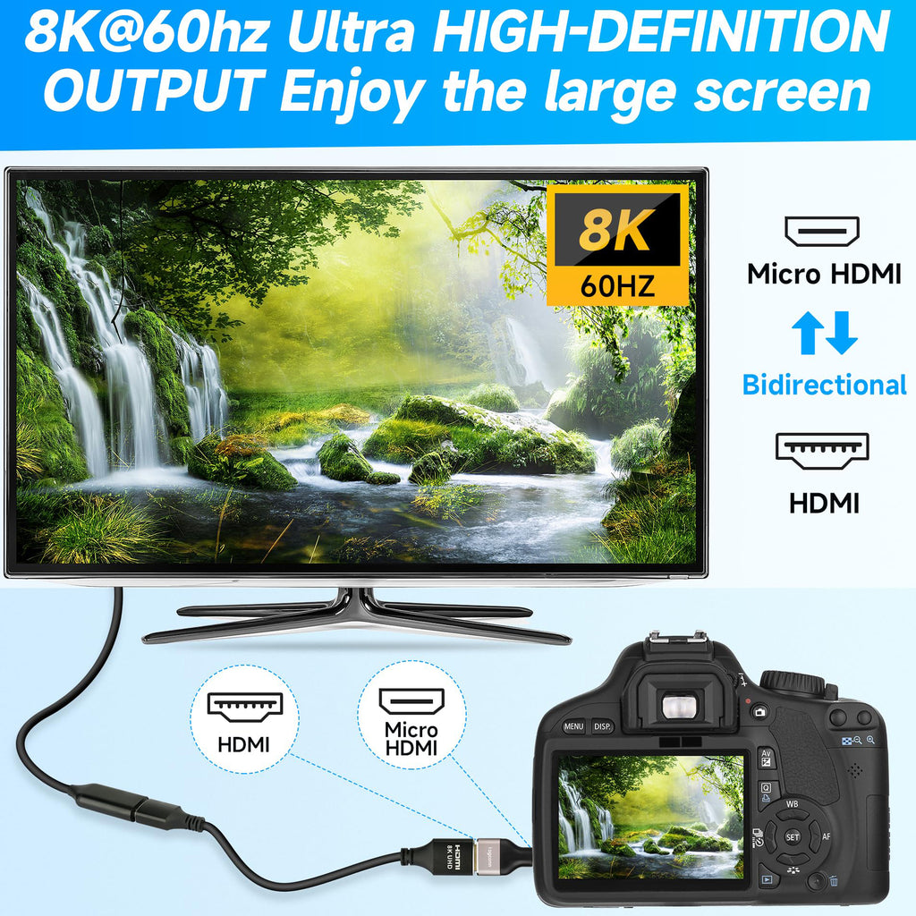 8K Micro HDMI to HDMI Adapter 4K 120Hz HDMI 2.1 Type D Male to Female Bidirectional Converter for GoPro Hero Sony A6000 Raspberry Pi 4 Camera Monitor