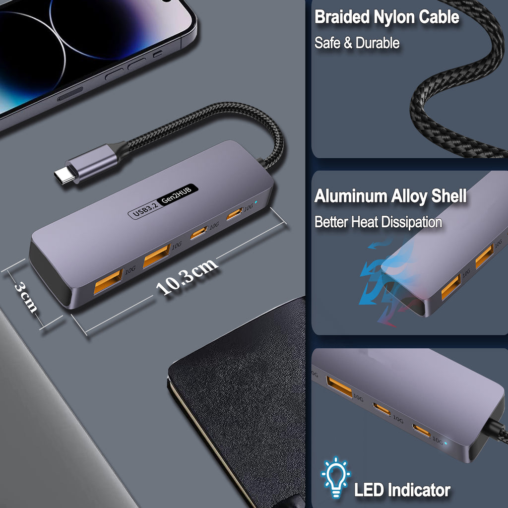 4 Port USB C Hub 10Gbps USB 3.2 Gen2 Splitter with 2 USB C and 2 USB A Data Ports Aluminum Adapter for MacBook Pro Air M2 M1 iPad Pro Surface Galaxy Laptop