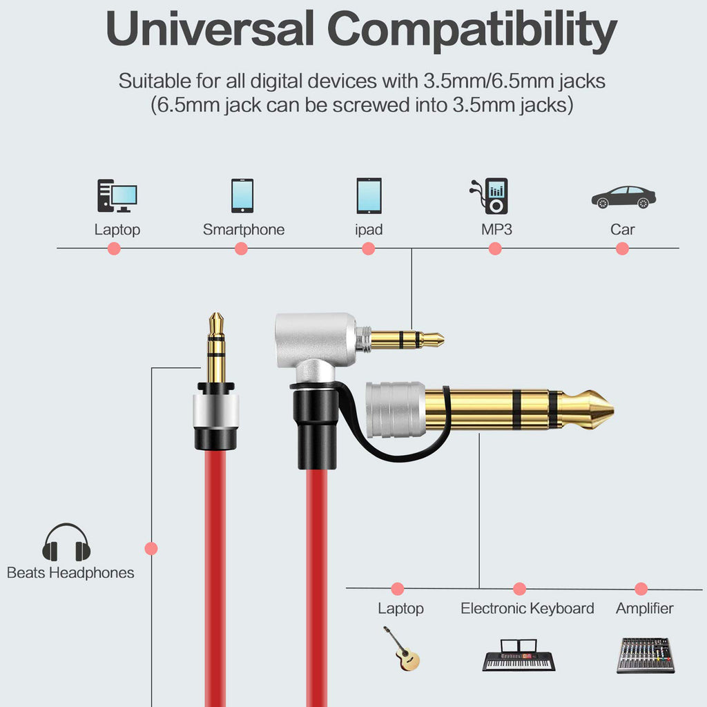 Coiled Replacement Audio Cable for Beats Pro Detox Solo HD Studio 3.5mm Right Angle to Straight Aux Cord with 6.35mm 6.5mm Adapter 1.8m Spring Wire
