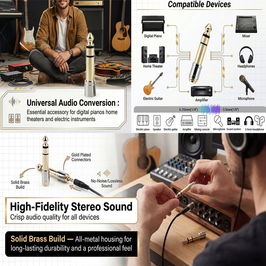 1/4 Male to 1/8 Female Headphone Adapter 6.35mm to 3.5mm Stereo Audio Jack Converter Gold Plated Brass for Amp Digital Piano Mixer Guitar Receiver