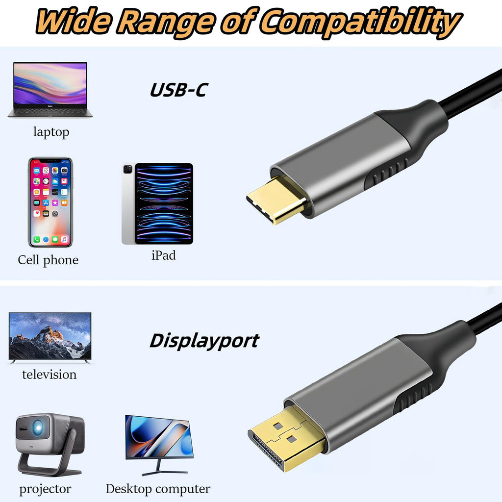 6FT USB C to DisplayPort Cable 4K 60Hz Type C to DP Monitor Cord Thunderbolt 3 4 for MacBook Pro Air iPad Pro iMac Dell XPS Surface Book Galaxy S23