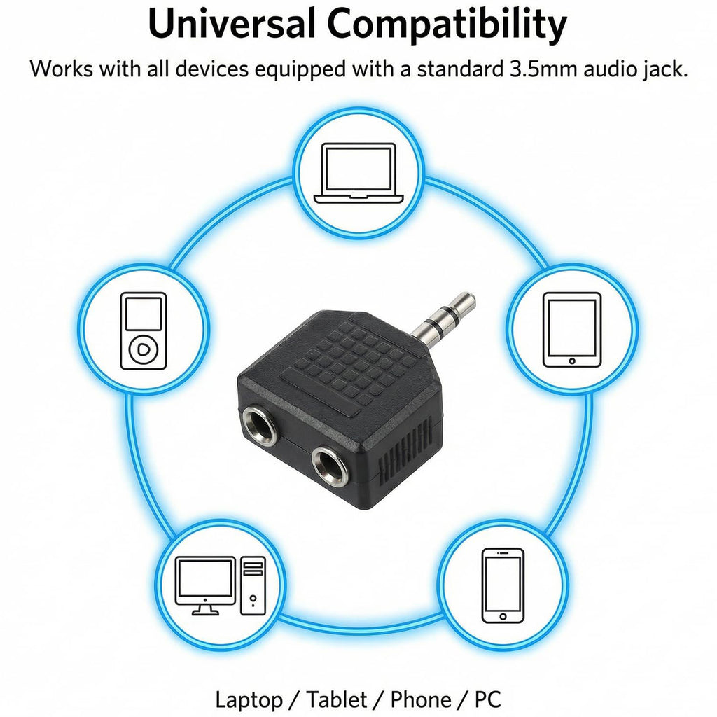 3.5mm Stereo Headphone Splitter 1 Male to 2 Female Audio Jack Y Adapter Dual Headphone Sharing for Phone Tablet Laptop MP3 CD Player
