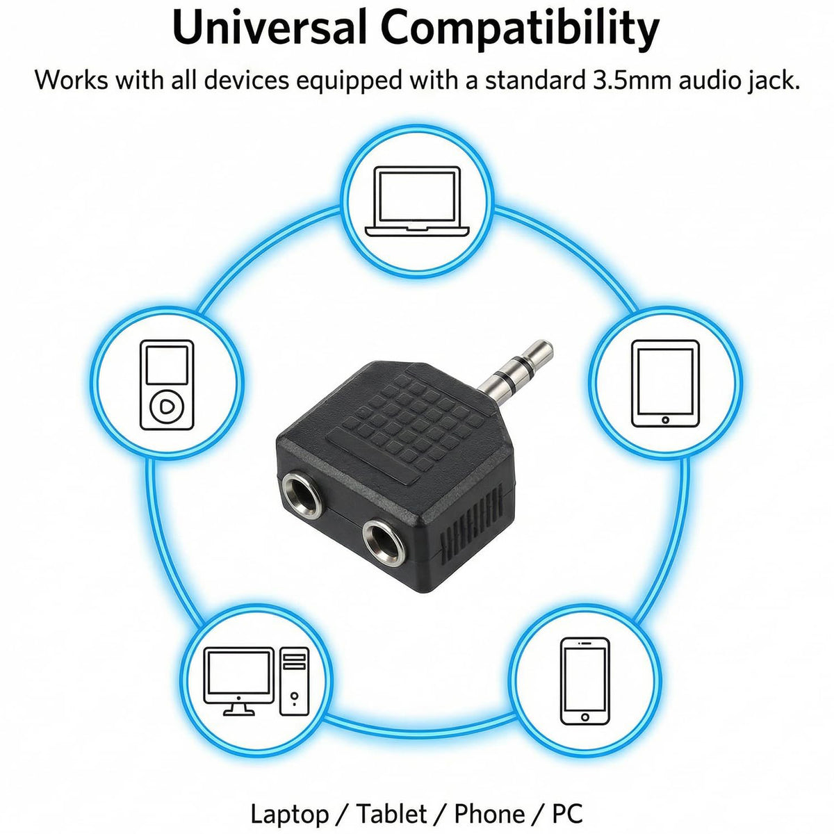 3.5mm Stereo Headphone Splitter 1 Male to 2 Female Audio Jack Y Adapter Dual Headphone Sharing for Phone Tablet Laptop MP3 CD Player