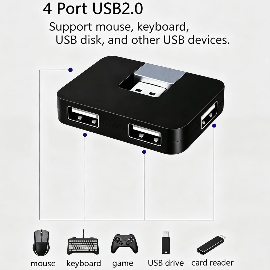 4 Port USB 2.0 Hub 270 Degree Rotating Portable USB Data Splitter Expander Adapter for Laptop PC Desktop Keyboard Mouse Flash Drive Windows Mac Linux