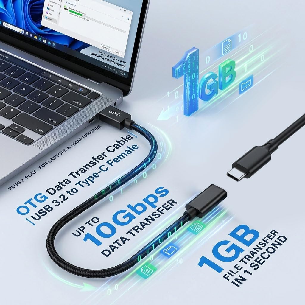 USB A Male to USB C Female Adapter Cable 10Gbps USB 3.2 OTG 3A Fast Charging 15cm Short Braided Cord for Laptop Phone SSD Hard Drive Car