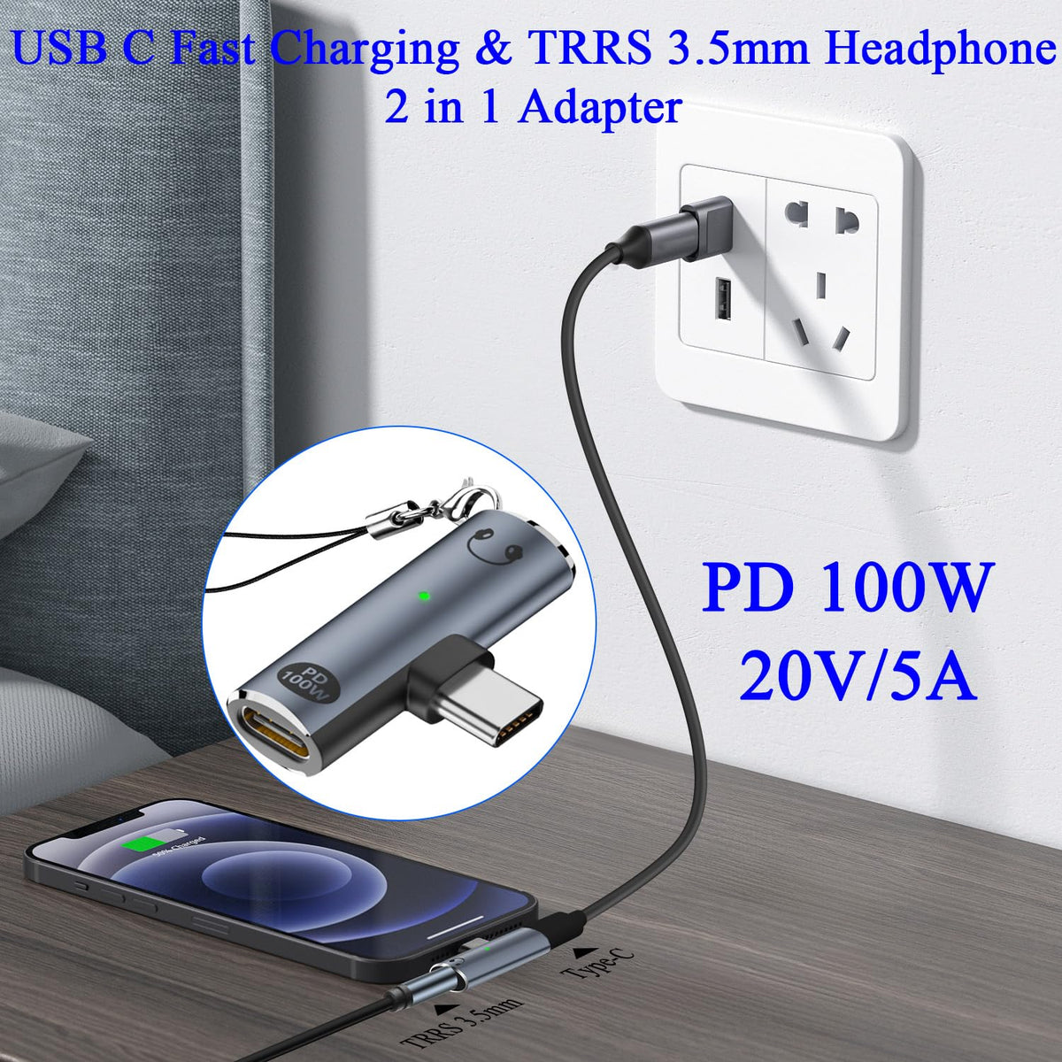 USB C to 3.5mm Headphone Adapter with 100W PD Charging DAC Audio TRRS Mic USB C Charger Port for iPhone 16 15 Galaxy Pixel iPad