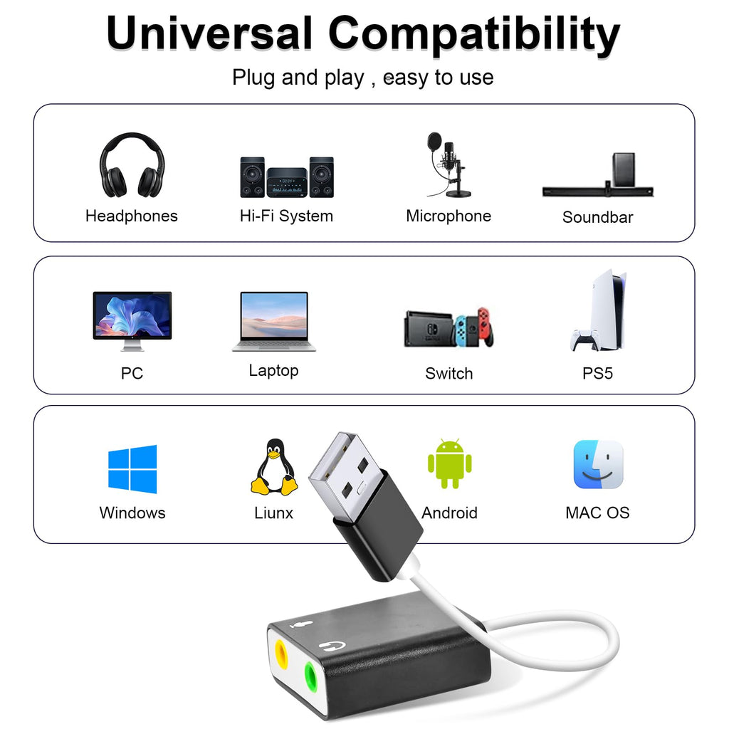 USB to 3.5mm Audio Adapter External Sound Card Aluminum Stereo Headphone Jack Microphone Splitter Converter for PC Laptop Desktop PS4 PS5 Mac Windows