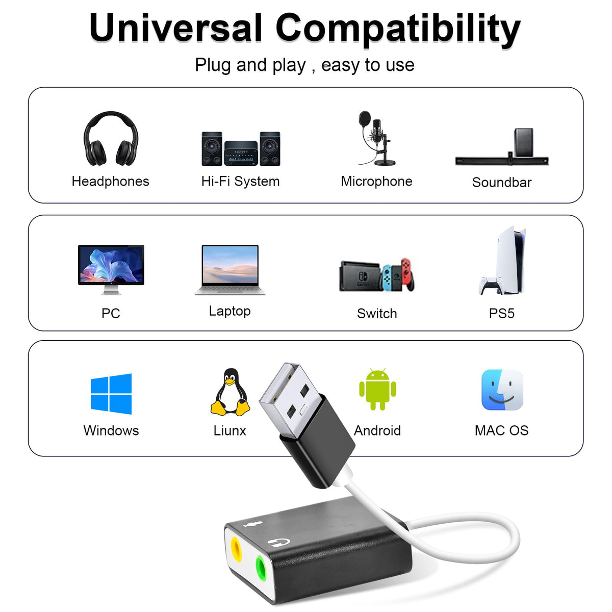 USB to 3.5mm Audio Adapter External Sound Card Aluminum Stereo Headphone Jack Microphone Splitter Converter for PC Laptop Desktop PS4 PS5 Mac Windows