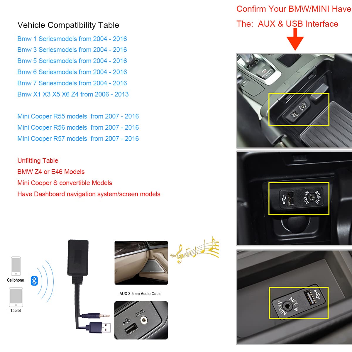 Bluetooth 5.0 Audio Receiver Adapter for BMW Mini Cooper Wireless Music Streaming Cable USB 3.5mm AUX for 1 3 5 6 7 Series X1 X3 X5 X6 R55 R56 R57