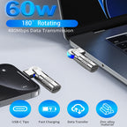 USB C Male to Female 180 Degree Rotating U Shape Adapter 60W PD 20V 3A USB 2.0 480Mbps Zinc Alloy LED Connector for Laptop Phone Tablet