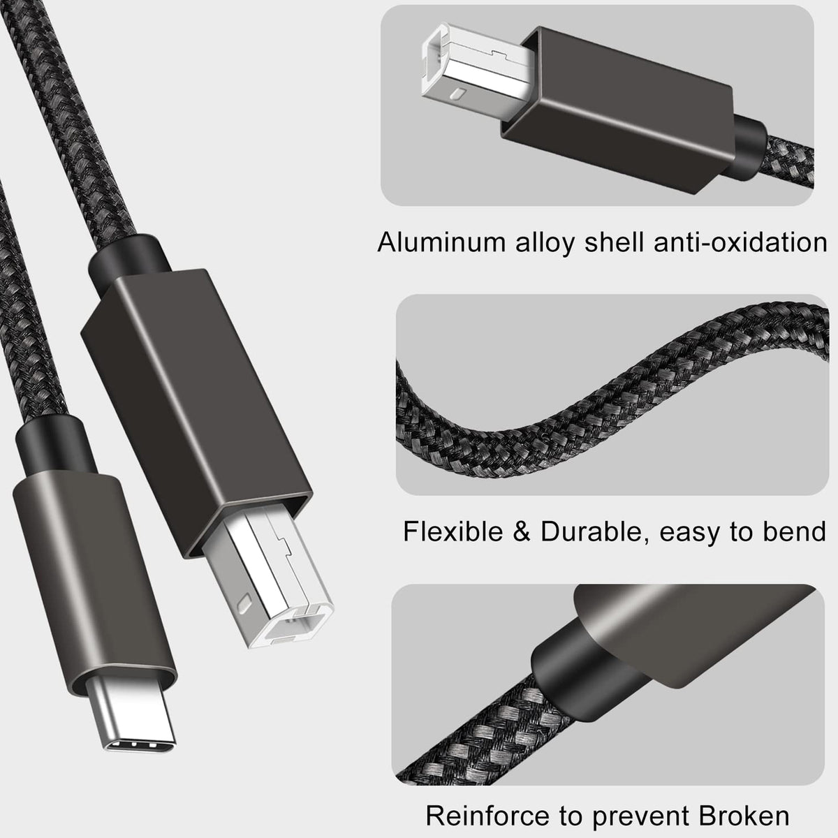 USB C to USB B Printer Cable Nylon Braided USB-C to USB-B 2.0 MIDI Scanner Cord for MacBook Pro PC Laptop HP Canon Epson Brother Yamaha Casio