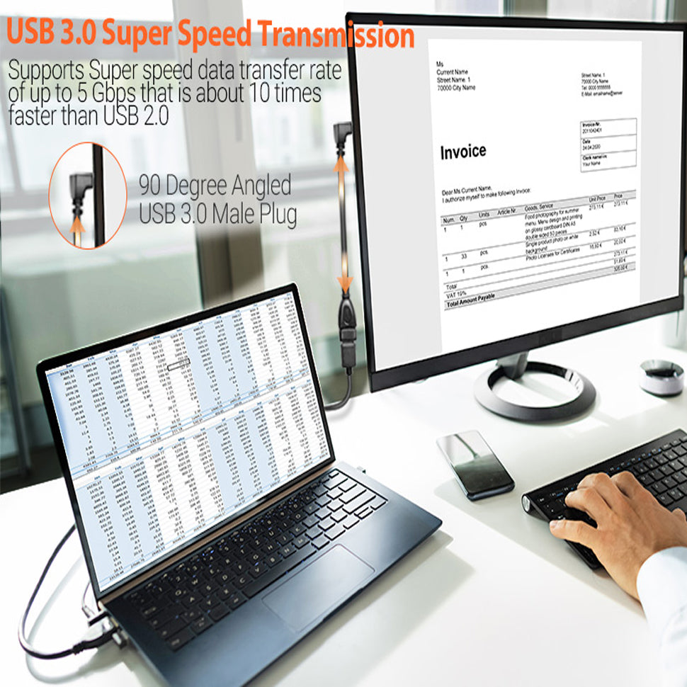 USB 3.0 Extension Cable Male to Female 90 Degree Up Down Angle 23cm 5Gbps SuperSpeed for PC Laptop Hard Drive Keyboard Mouse USB Hub