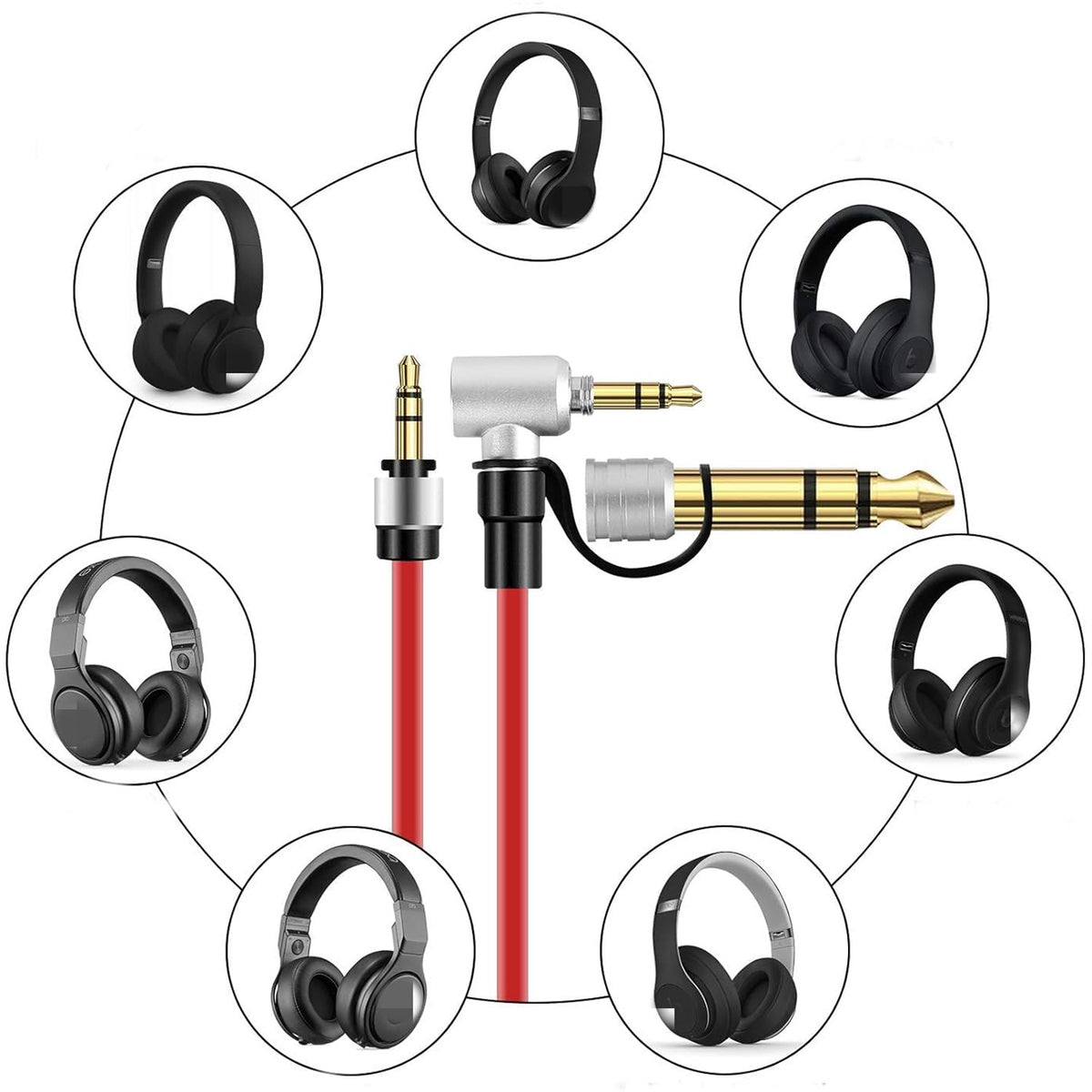 Coiled Replacement Audio Cable for Beats Pro Detox Solo HD Studio 3.5mm Right Angle to Straight Aux Cord with 6.35mm 6.5mm Adapter 1.8m Spring Wire