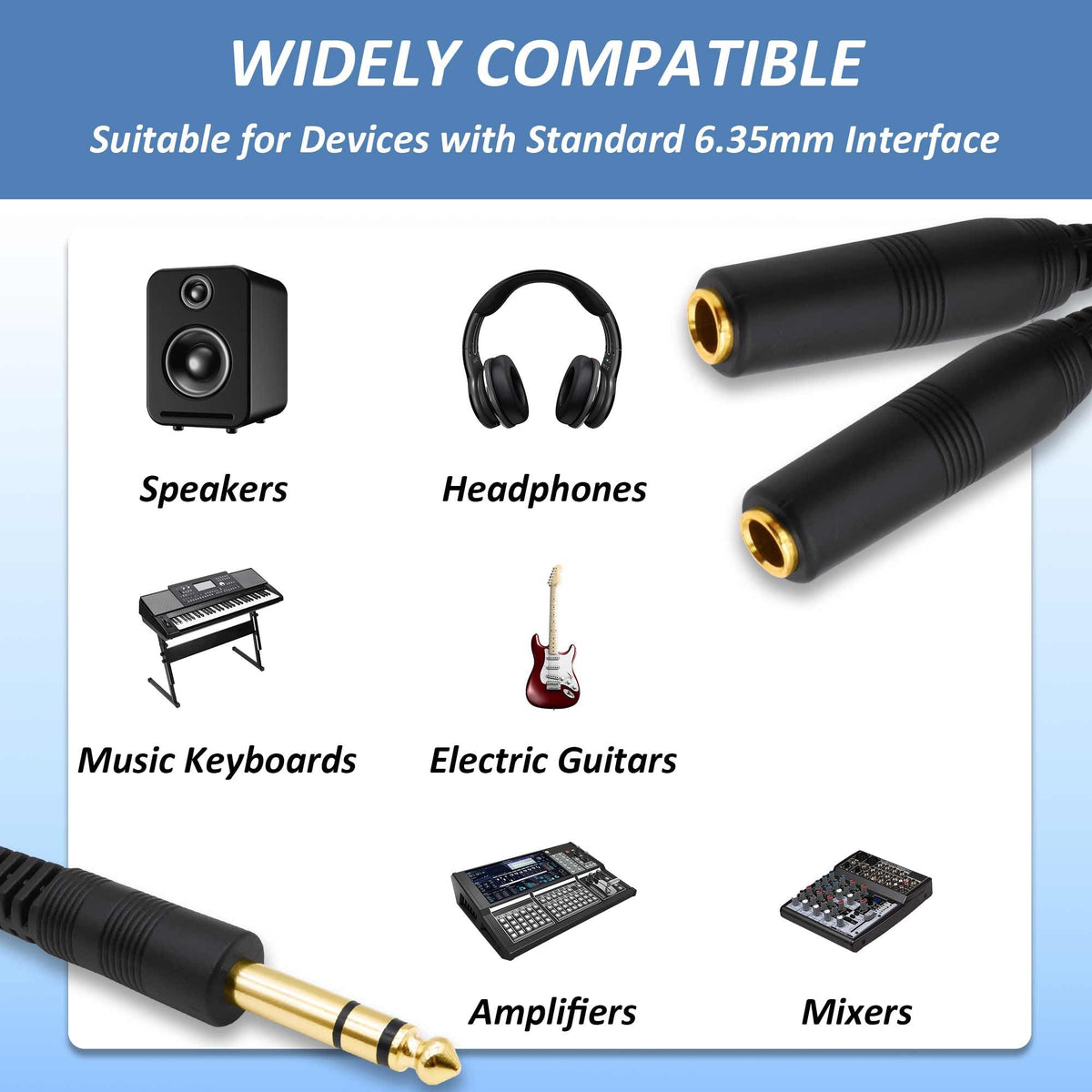 6.35mm 1/4 Inch TRS Stereo Y Splitter Cable 30cm 1/4 Male to Dual Female Audio Jack Adapter Cord for Studio Headphones Amplifier Speaker Keyboard