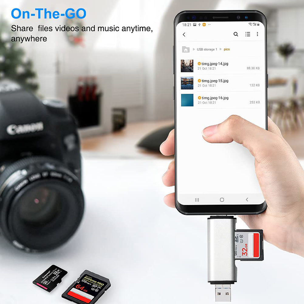 3 in 1 SD Micro SD Card Reader USB C Micro USB Type A Memory Card Adapter Dual Slot Flash Drive for PC Laptop MacBook Android Phone Tablet Camera