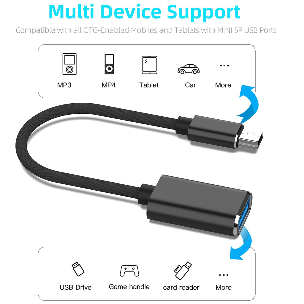 Mini USB OTG Cable USB A Female to Mini USB 5 Pin Male Adapter Braided Host Cord for Dash Cam Car Navigation GPS Digital Camera MP3 MP4 Tablet Recorder