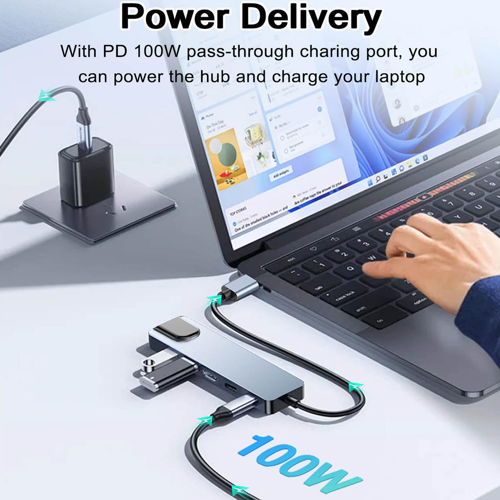 6 in 1 USB C Hub 4K HDMI 100Mbps Ethernet 100W PD Multiport Adapter Type C Dongle with USB 3.0 USB C Data for MacBook Pro Air iPad Pro Dell XPS Laptop